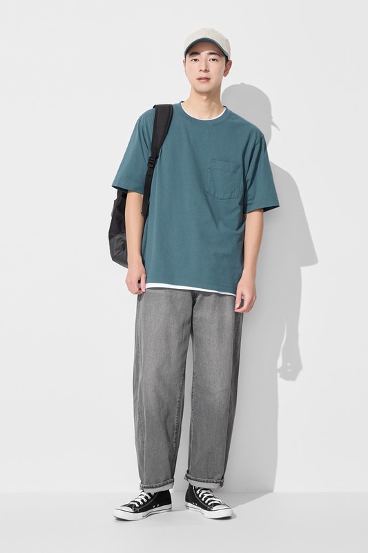 純棉厚寬版口袋五分袖T恤-男