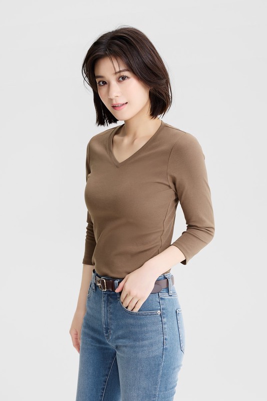 棉質羅紋V領七分袖T恤-女