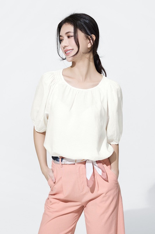亞麻混紡泡泡袖上衣-女