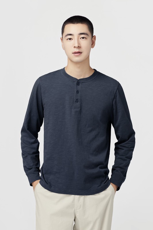 竹節棉亨利領長袖T恤-男