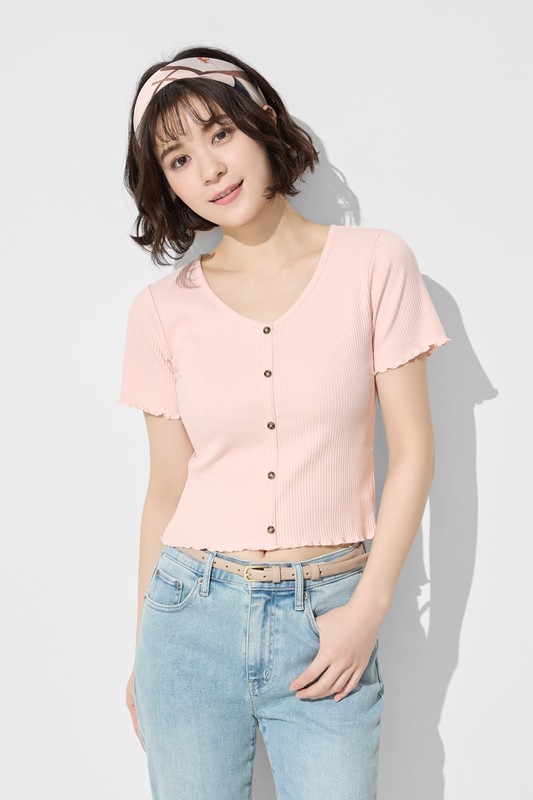 羅紋V領鈕釦T恤-女