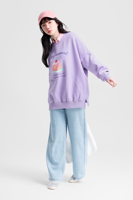 鬆餅刷毛寬長版印花圓領衫-女