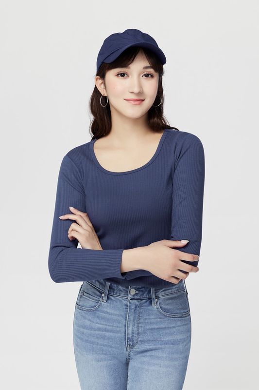 羅紋U領長袖T恤-女