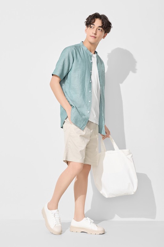 棉麻立領短袖襯衫-男