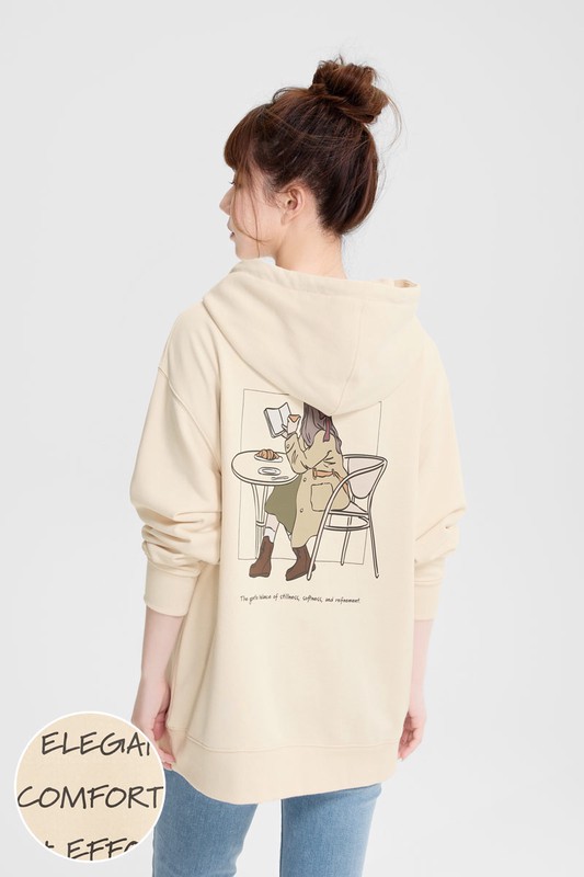 優雅時光毛圈寬長版印花連帽衫-女