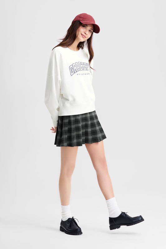 刷毛寬短版印花圓領衫-女