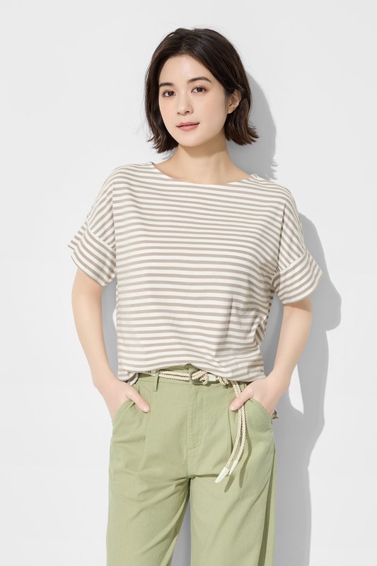 柔滑棉條紋寬鬆圓領T恤-女