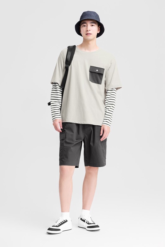 純棉口袋拼接條紋上衣-男