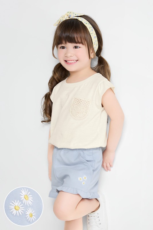 荷葉邊小花電繡鬆緊短褲-童
