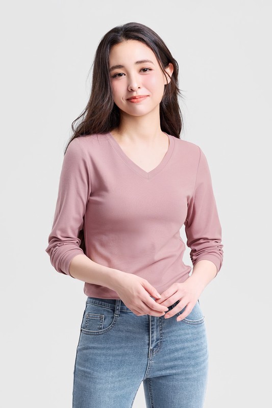 棉質羅紋V領長袖T恤-女