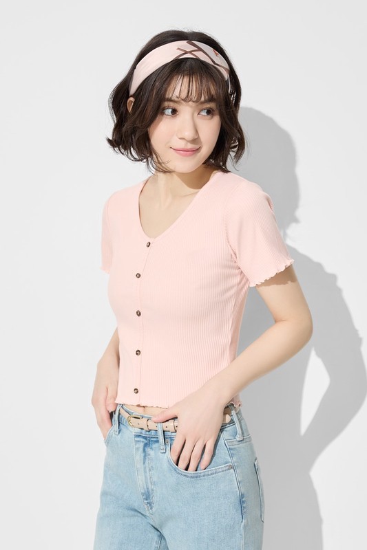 羅紋V領鈕釦T恤-女