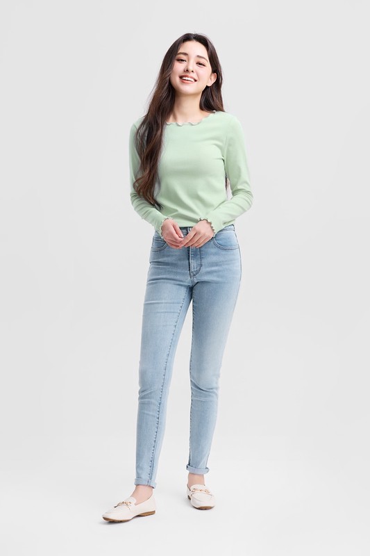 輕柔羅紋木耳邊長袖T恤-女