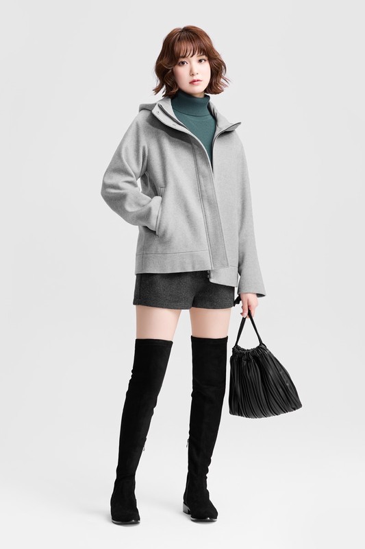 仿毛呢連帽短大衣-女