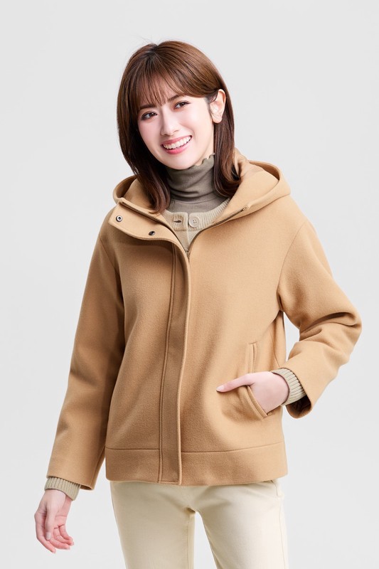 仿毛呢連帽短大衣-女