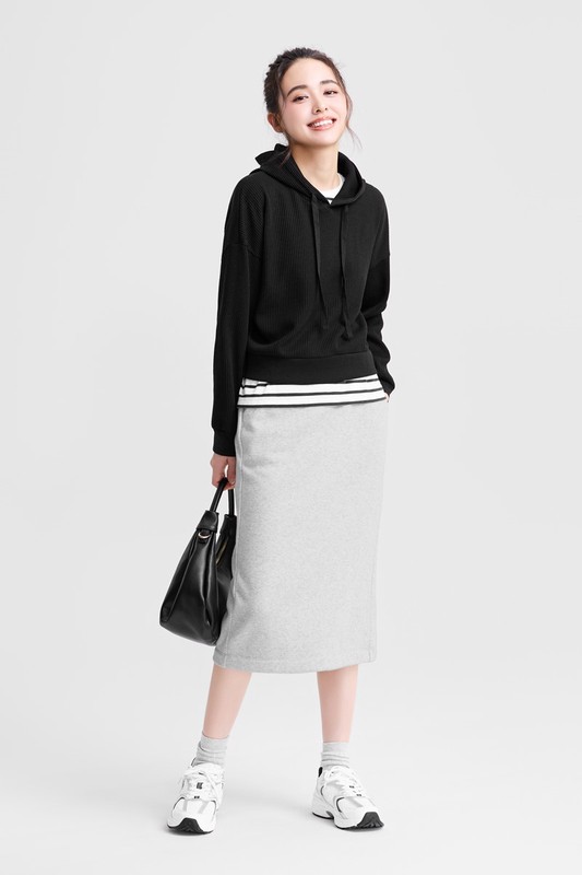 華夫格寬短版連帽上衣-女