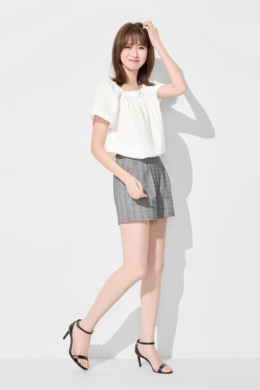 亞麻混紡方領寬版上衣-女