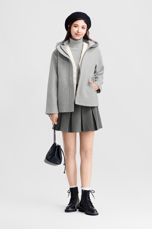 仿毛呢連帽短大衣-女