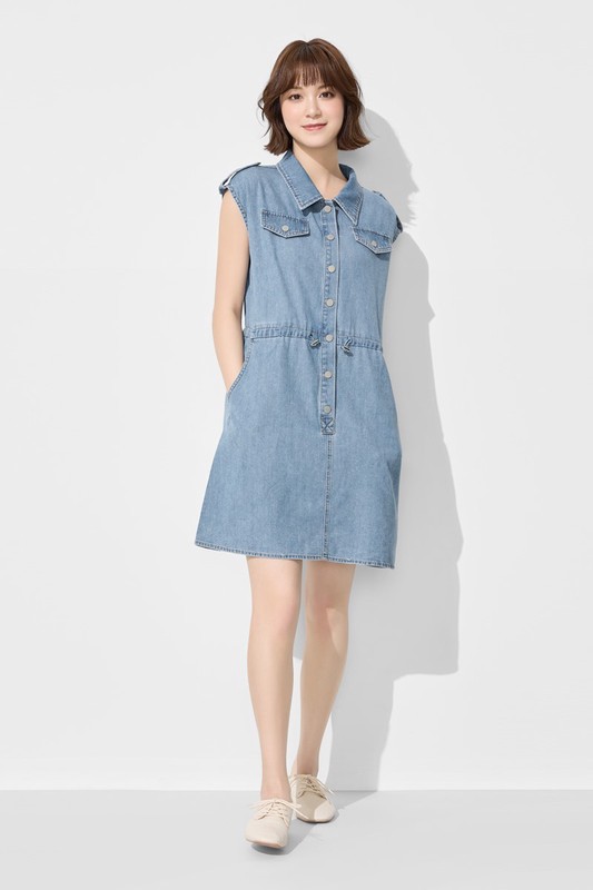 可調式腰圍牛仔短洋裝-女