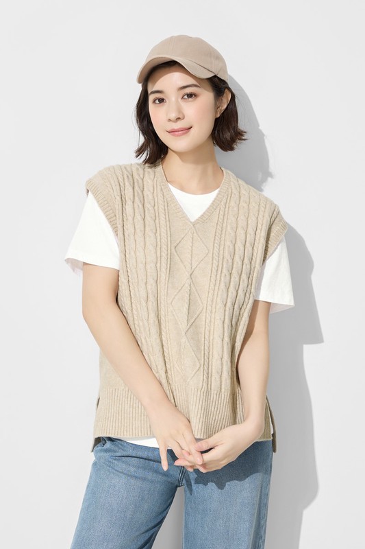 麻花寬版落肩V領針織背心-女
