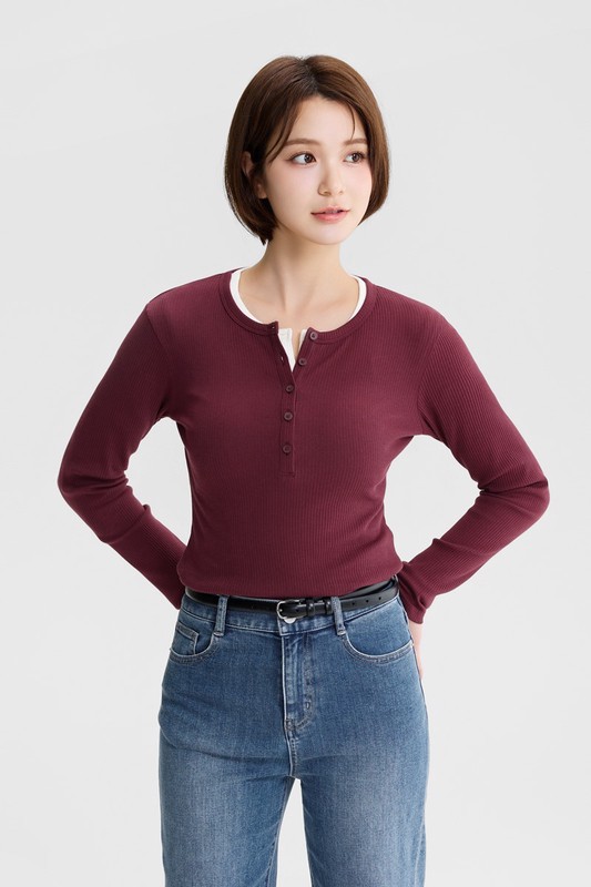 羅紋半開襟長袖T恤-女