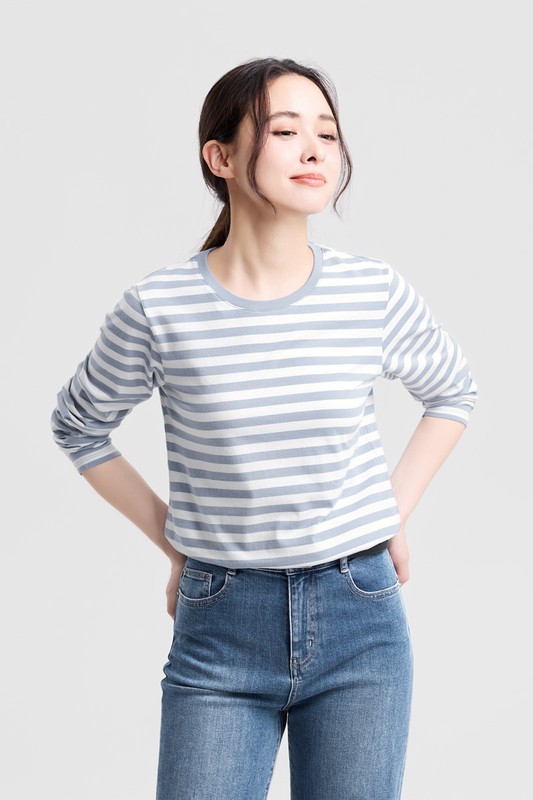 純棉條紋長袖T恤-女