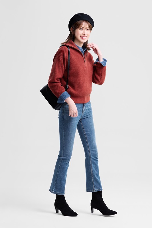 粗針半開襟拉鍊式毛衣-女