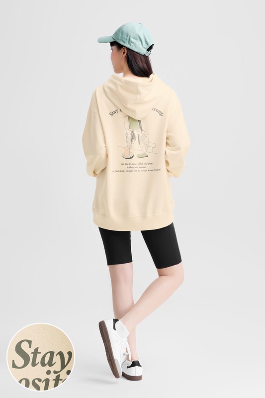 人物毛圈寬長版印花連帽衫-女