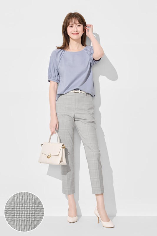 鬆緊腰頭格紋九分褲-女