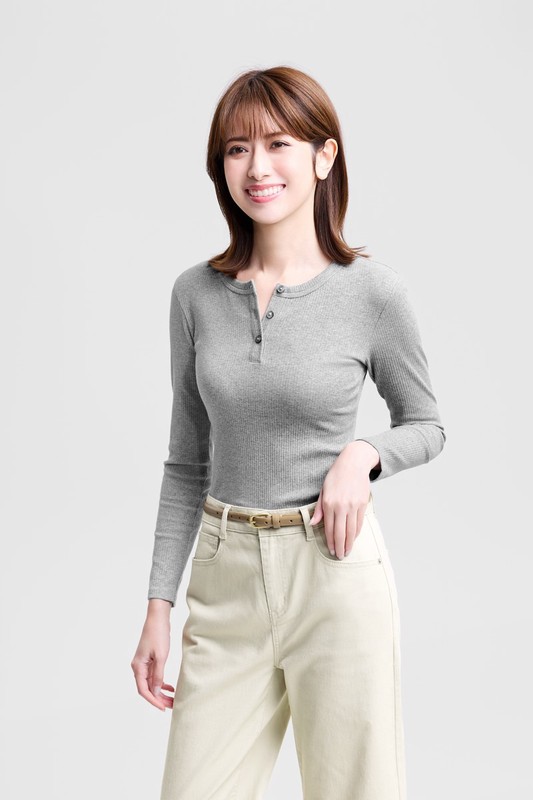 羅紋半開襟長袖T恤-女