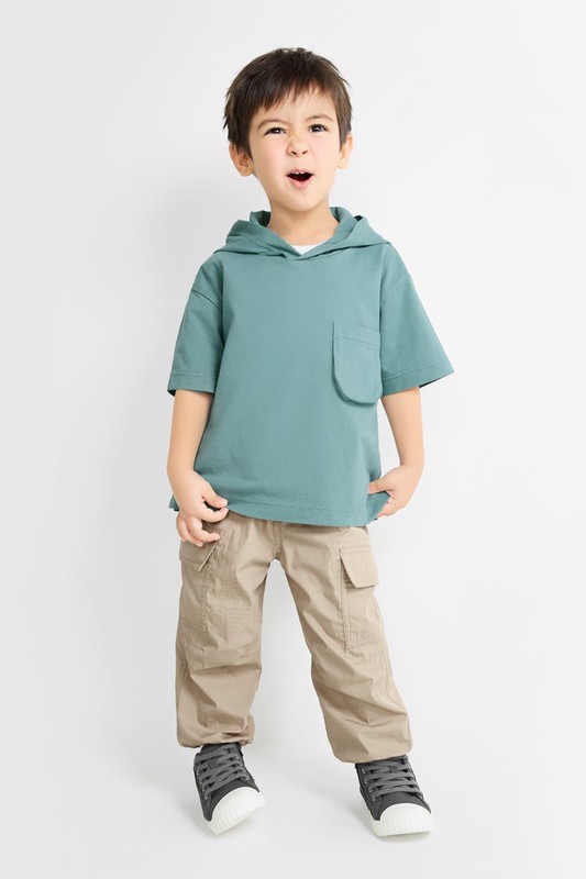 純棉寬版口袋連帽上衣-童