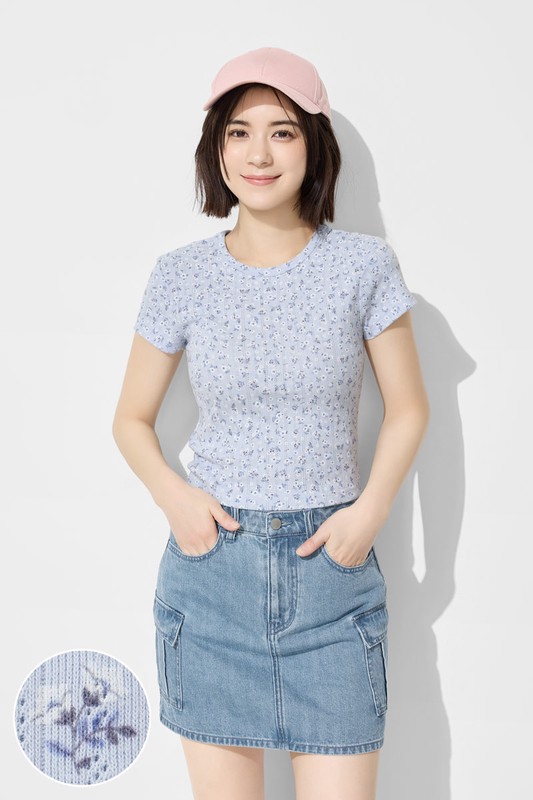 羅紋提花小花短版T恤-女