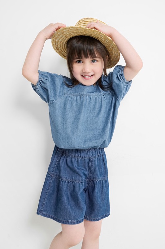 牛仔泡泡袖上衣-童