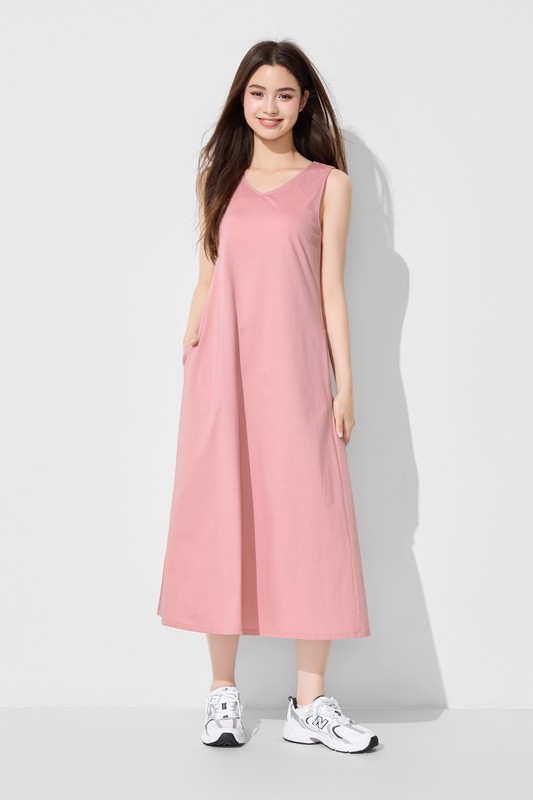 絲光棉寬鬆V領長洋裝-女