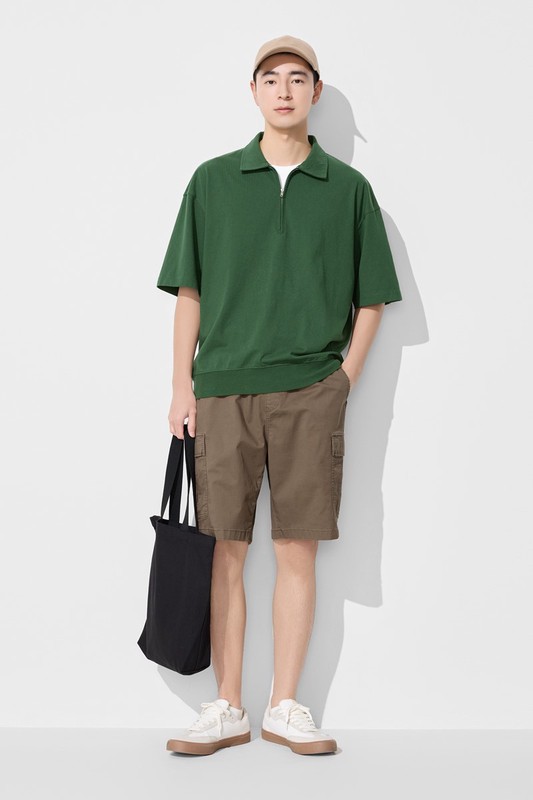 粗紡半開襟五分袖寬版上衣-男