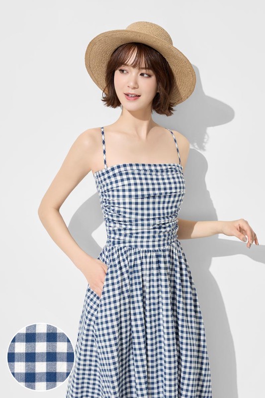 平口可拆式細肩帶格紋洋裝-女