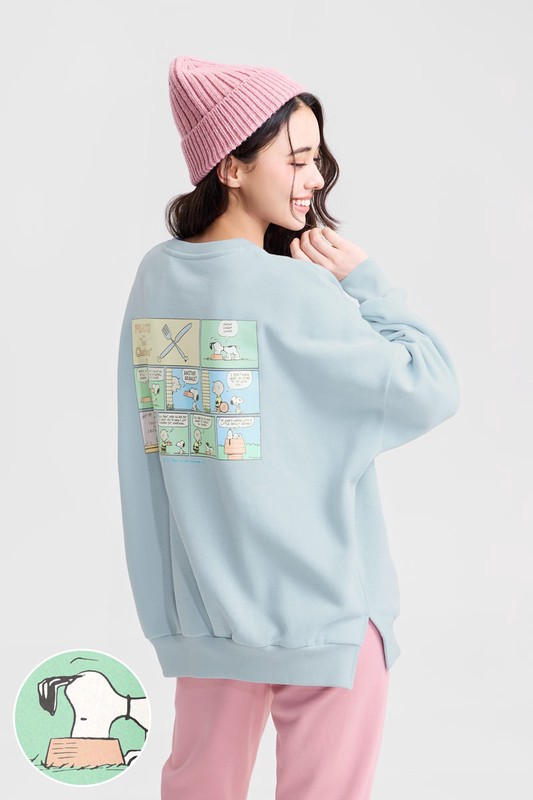 史努比系列刷毛寬長版印花圓領衫-10-女