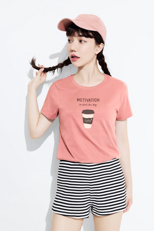 咖啡文字印花T恤-女