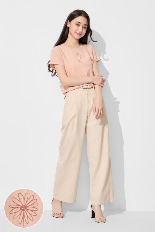 竹節棉花草文字印花T恤-女