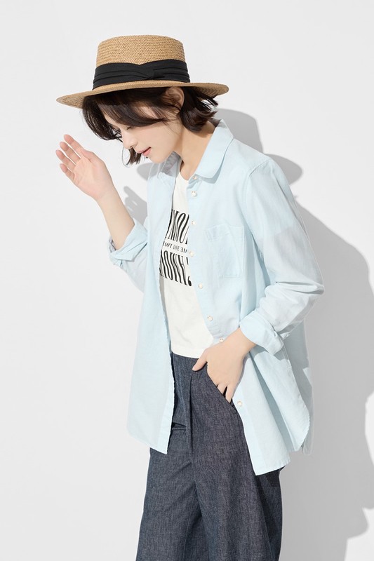 棉麻長版襯衫-女