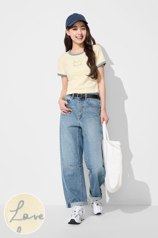 純棉羅紋配色文字電繡T恤-女