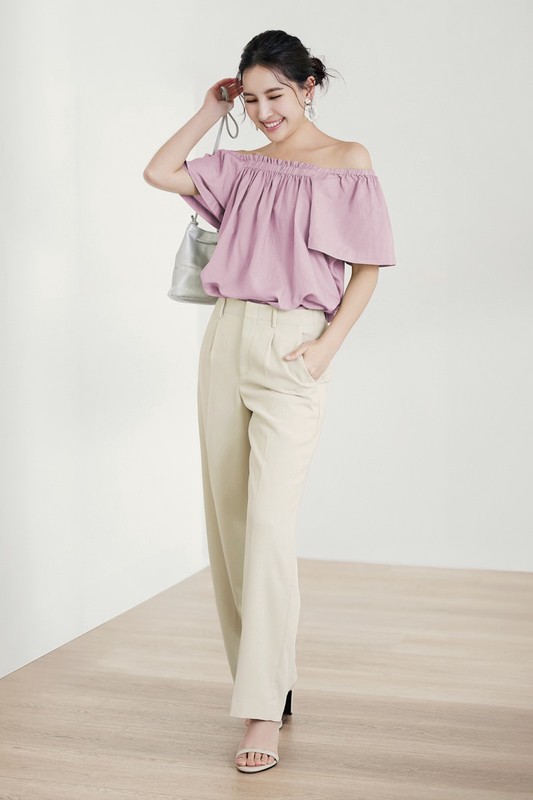 亞麻混紡方領寬版上衣-女