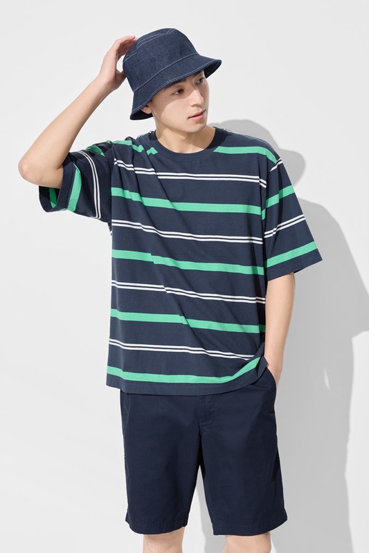 純棉寬版條紋圓領T恤-男