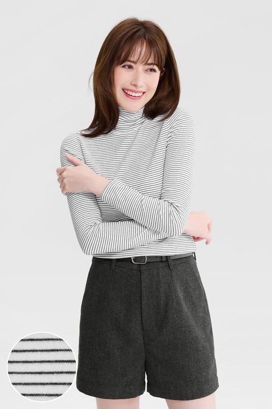磨毛羅紋條紋高領T恤-女
