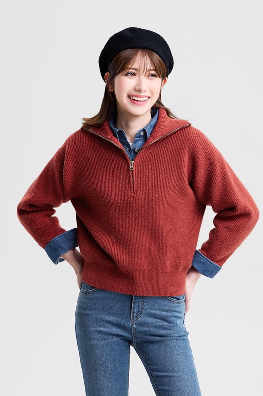 粗針半開襟拉鍊式毛衣-女
