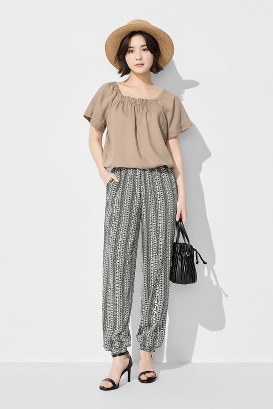 亞麻混紡方領寬版上衣-女