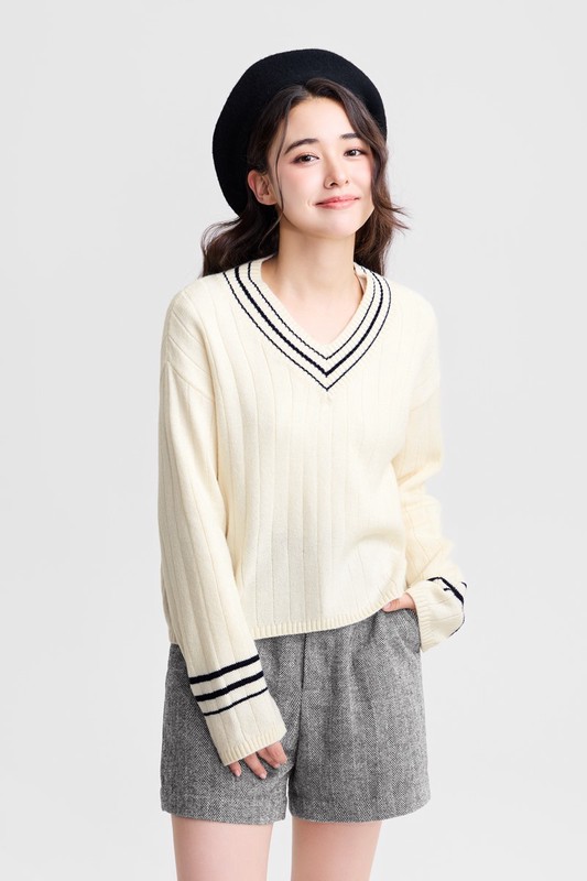 V領寬鬆短版毛衣-女