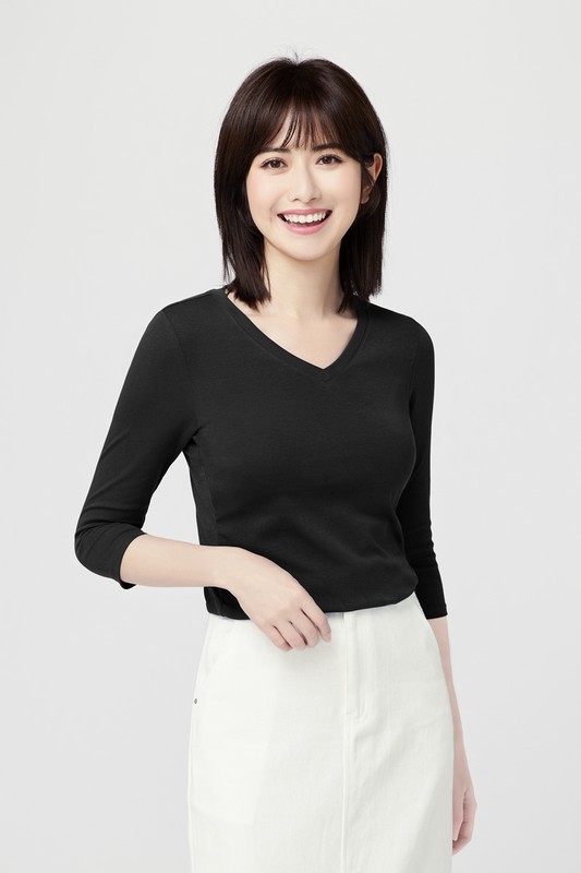 棉質羅紋V領七分袖T恤-女