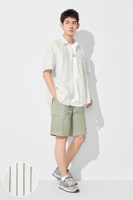 棉麻寬版條紋短袖襯衫-男