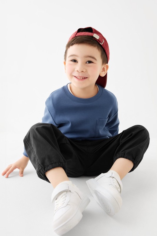 磨毛柔棉寬鬆口袋長袖T恤-童