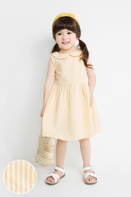 泡泡紗條紋小圓領無袖洋裝-童